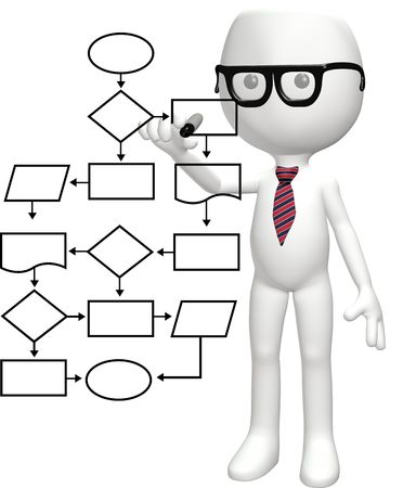 A cartoon nerd genius programs a smart flowchart process management systemの写真素材