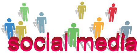 Stick figure people in various colors symbols stand behind social media words as red 3D lettersのイラスト素材