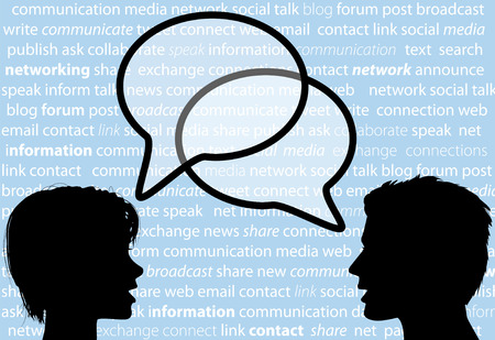Two people share social network words in media speech bubbles on a text background.のイラスト素材