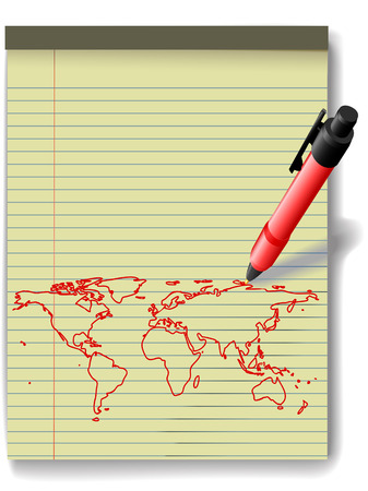 Pen drawing a world map in red ink on a yellow legal paper pad のイラスト素材