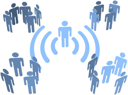 Person uses wifi or other wireless connection to communicate to groups of audiencesのイラスト素材