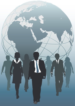 Global business team emerging from globe as symbol of human resources workforceのイラスト素材