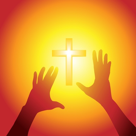 Two hands of person silhouette reach out to a cross in bright lightのイラスト素材