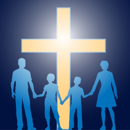 Silhouette family of parents and two children stand in front of bright shining cross のイラスト素材