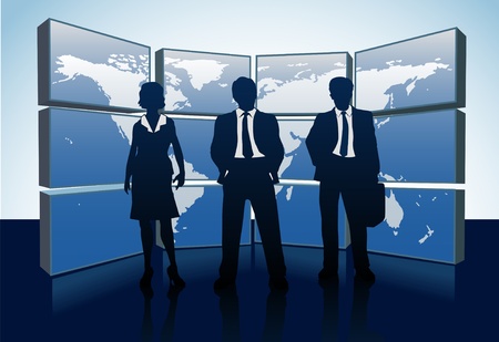 Business people teams standing in front of world map monitor wallのイラスト素材