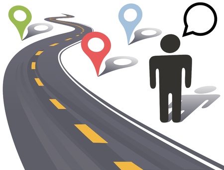 Traveling person beside highway with road side geography place markersのイラスト素材