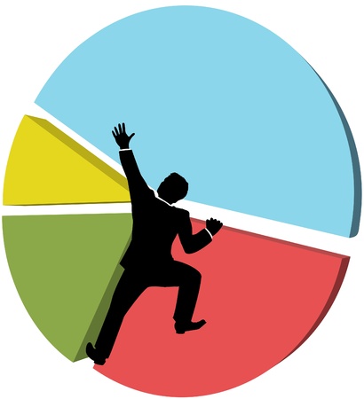 Business man climbs up a pie chart to strive for bigger piece of market shareのイラスト素材