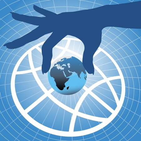 Person hand holding up planet Eastern hemisphere over globe symbol and grid backgroundのイラスト素材