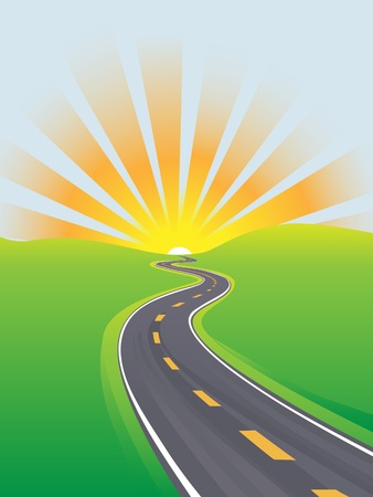 Curving highway to travel across a green land to a sunrise or sunset on the horizonのイラスト素材
