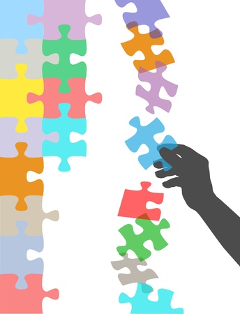 Person holds in hand missing piece to find solution to falling puzzleのイラスト素材