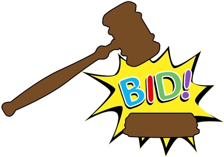 Online auction bid gavel hits stand to end sale in cartoon style iconのイラスト素材