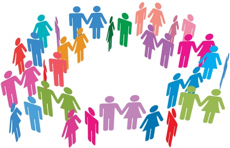 Couples and singles meet in dating social media network circle around center copy spaceのイラスト素材