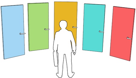 Business person chooses among door five colors choices to enter future opportunityのイラスト素材