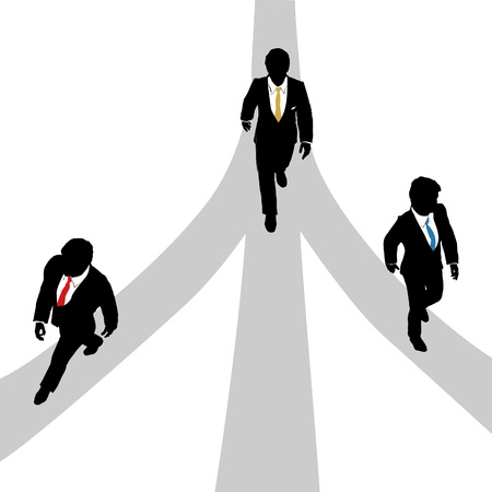 Three business men walk forward on 3 paths to the futureのイラスト素材