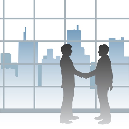 Two Big City business people seal a collaboration deal with handshakeのイラスト素材