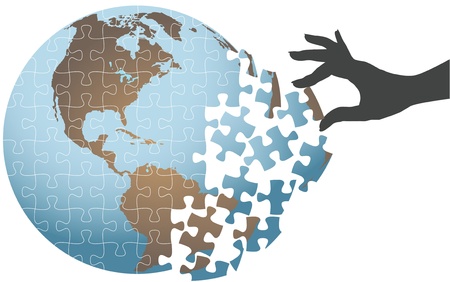 Woman hand puts puzzle together to find global solutionのイラスト素材