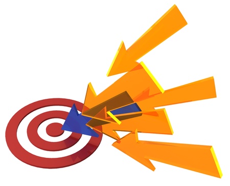One of many marketing arrows point at winning red target bulls eyeの写真素材