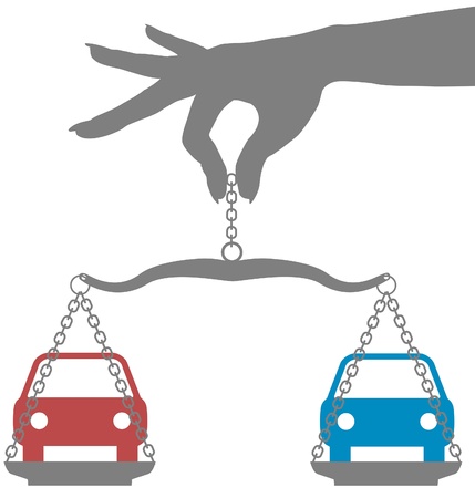 Person weighs decision to buy car on scalesのイラスト素材