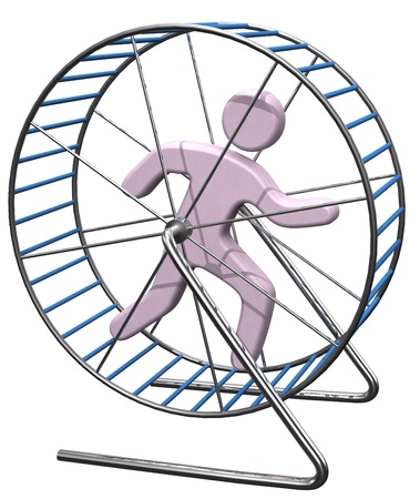 Person gets nowhere running in a hamster mouse or rat cage wheel treadmillの写真素材