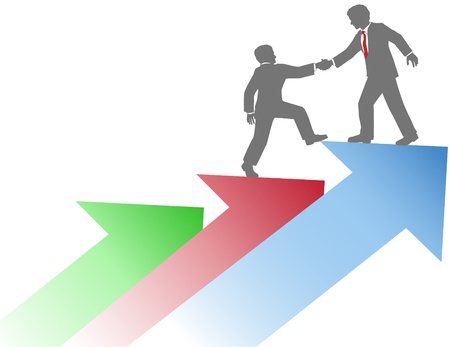 Business person helping co-worker step up on arrows to successのイラスト素材