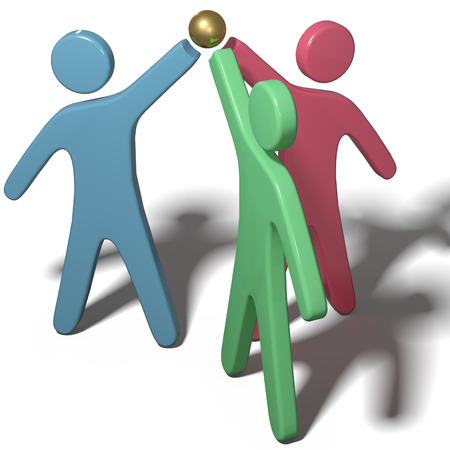 Three people team up join hands together to collaborate or celebrate with clipping-pathの写真素材