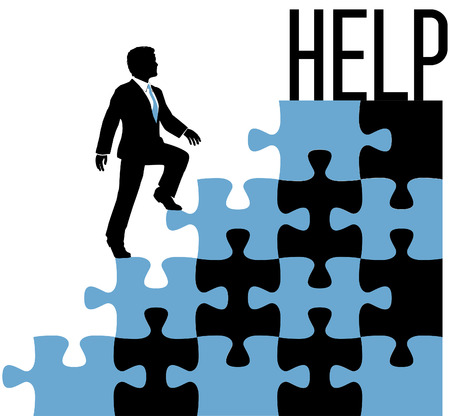 Business man climbing problem puzzle to find help solution のイラスト素材