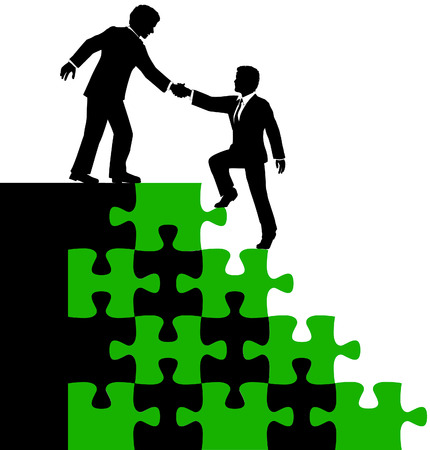 Business consultant mentor or teamwork helps associate find problem puzzle solution のイラスト素材