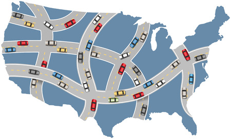 Many cars drive USA roads on travel transportation map of Americaのイラスト素材