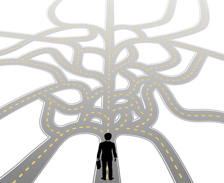 Business person standing at complicated choices and confusing decision pathのイラスト素材