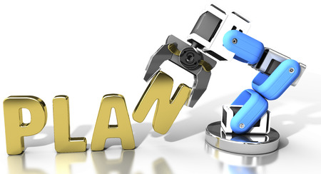 Robot arm holding letter in PLAN word for automation technologyの写真素材