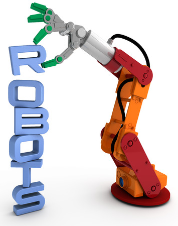 Robot arm holding robots word as illustration for robotic concept issuesの写真素材