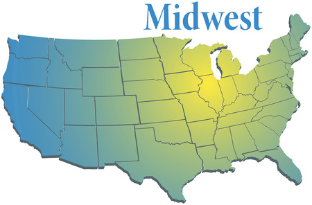 Sunny spotlight shines on midwest map of states in US Midwestern regionのイラスト素材