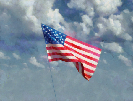 Artistic painting of USA American waving in the sky on a cloudscapeの写真素材