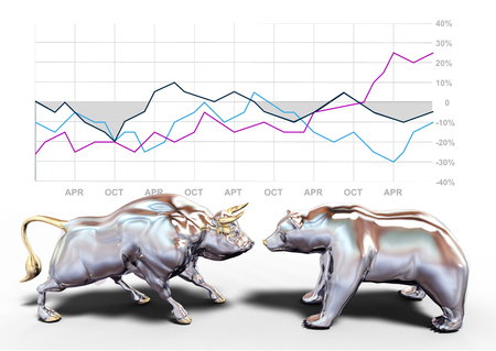 bull and bear stock market symbols in front of business investing chart の写真素材