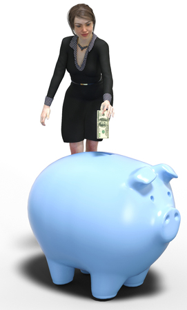 Business woman investing bill dollars in a piggy bank savings account  の写真素材