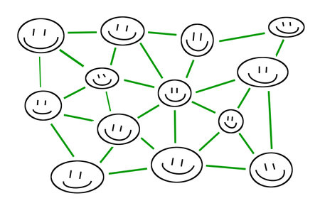 Network of happy faces with green lines on white background.の写真素材