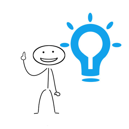 Cartoon stick figure drawing conceptual illustration of man or businessman with big idea bulb.の写真素材