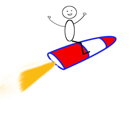 Cartoon stickman flying on a rocket with space for text.の写真素材