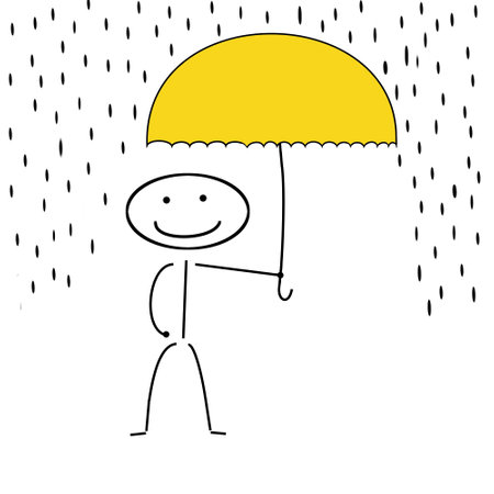 Cartoon stickman drawing conceptual illustration of man holding umbrella and falling rain.の写真素材
