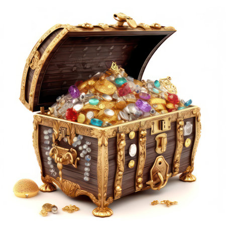 Treasure chest full of gold and jewels isolated on white AI Generatedの素材