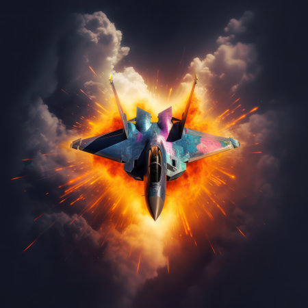 Fighter jet with colorful smoke and wings on fire AI Generatedの素材