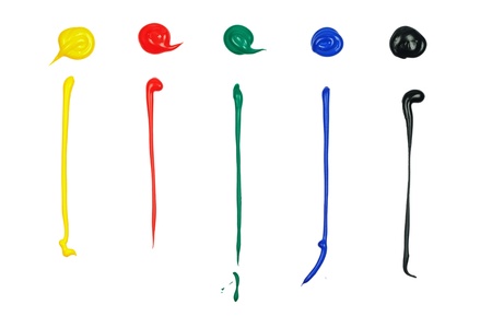 Multiple drops of paint in different colors, isolated on white background.の写真素材