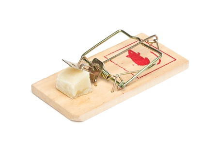 Wooden mouse trap with cheese, isolated on white backgroundの写真素材