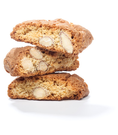 Stack of Cantuccini cookies with almond filling. Studio shot, isolated on white background.の写真素材