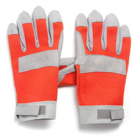 Pair of two gloves for work protection in red and gray. Cutout, isolated on white background.
