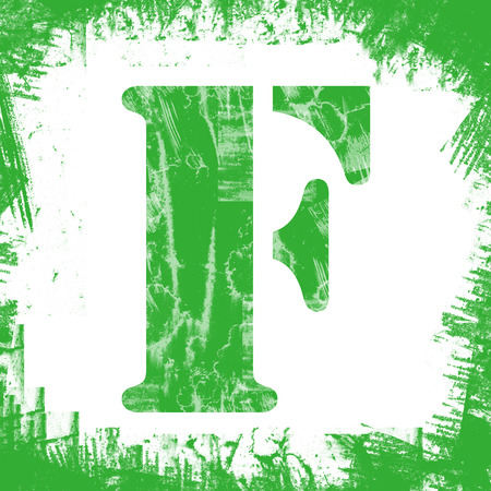 Letter F in a series of single square stamps with grunge design, isolated on white background.の写真素材