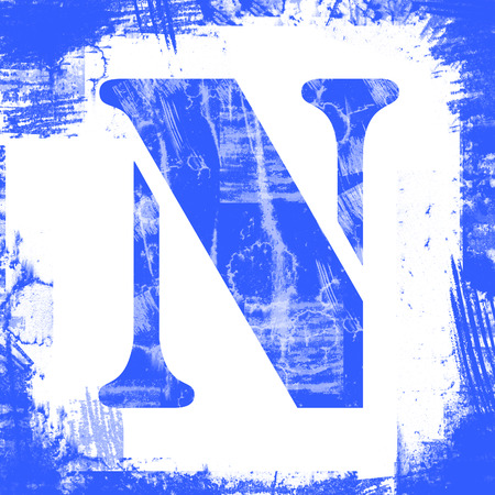 Letter N in a series of single square stamps with grunge design, isolated on white background.の写真素材