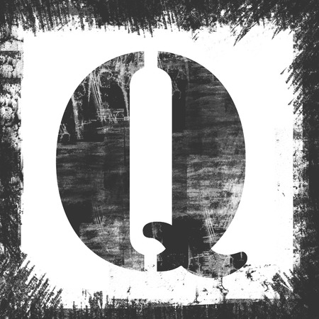 Letter Q in a series of single square stamps with grunge design, isolated on white background.の写真素材