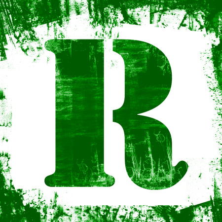 Letter R in a series of single square stamps with grunge design, isolated on white background.の写真素材