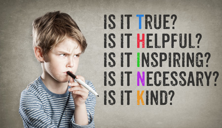 Five questions leading to think, motivational netiquette statement, boy on grunge background, writing and thinking, copy spaceの写真素材